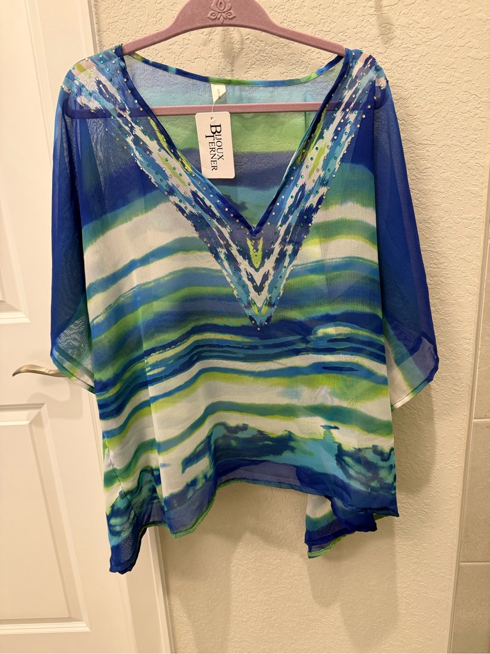 Bijoux Terner Blue, Green & Pink Watercolor V-Neck Tunic